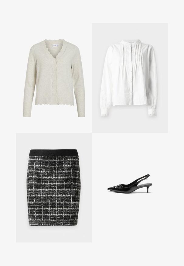 Jasnoszary kardigan wykonany z miękkiego dzianinowego materiału. Posiada ozdobny, karbowany dekolt i dół, sześć guzików oraz ściągacze przy rękawach.; Biała bluzka z długim rękawem i stójką, z pionowymi plisami na przodzie, zapięciem na guziki oraz koronkowymi mankietami.; Czarna i biała spódnica w kratę z teksturowanej tkaniny, z czarnym pasem w talii i dopasowanym krojem.; Czarne skórzane szpilki na ramiączku z ostrym noskiem, małym słupkiem i ozdobnym węzłem z przodu. Gładka faktura na całej powierzchni.