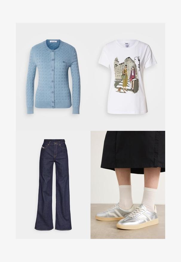 Hellblauer Strickcardigan mit einem Kabelmuster, Rundhalsausschnitt, gerippten Bündchen und einer durchgehenden Knopfleiste mit passenden Knöpfen.; Weißes Baumwoll-T-Shirt mit einem bedruckten Motiv, das zwei Frauen in urbanen Modestilen zeigt, die mit einem Hund auf einem Zebrastreifen stehen, mit Stadtgebäuden im Hintergrund.; Dunkelblaue weite Jeans aus Denimstoff mit hoher Taille, ausgestattet mit orangefarbenen Nähten, fünf Taschen und einem Knopfverschluss.; Silberne synthetische Turnschuhe mit weißen Streifen, cremefarbener Sohle und strukturiertem Material; kombiniert mit hellen gerippten Socken und einem schwarzen Rock.