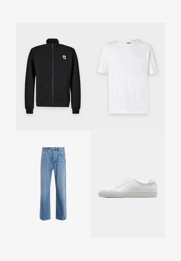 Sudadera negra con cremallera, hecha de una mezcla de algodón, que cuenta con un cuello alto y puños acanalados, con un pequeño logo de una carita de dibujos animados en el lado izquierdo del pecho.; Camiseta de algodón blanca con cuello redondo, mangas cortas y puños enrollados; diseño sin adornos, textura suave y corte recto.; Jeans de mezclilla azul claro con un diseño de pierna recta, cinco bolsillos, cierre de botón, ligeramente desgastados y detalles de costura en contraste.; Zapatilla blanca con parte superior de cuero liso y perfil bajo. Presenta una puntera redondeada, seis ojales y una suela de goma texturizada.