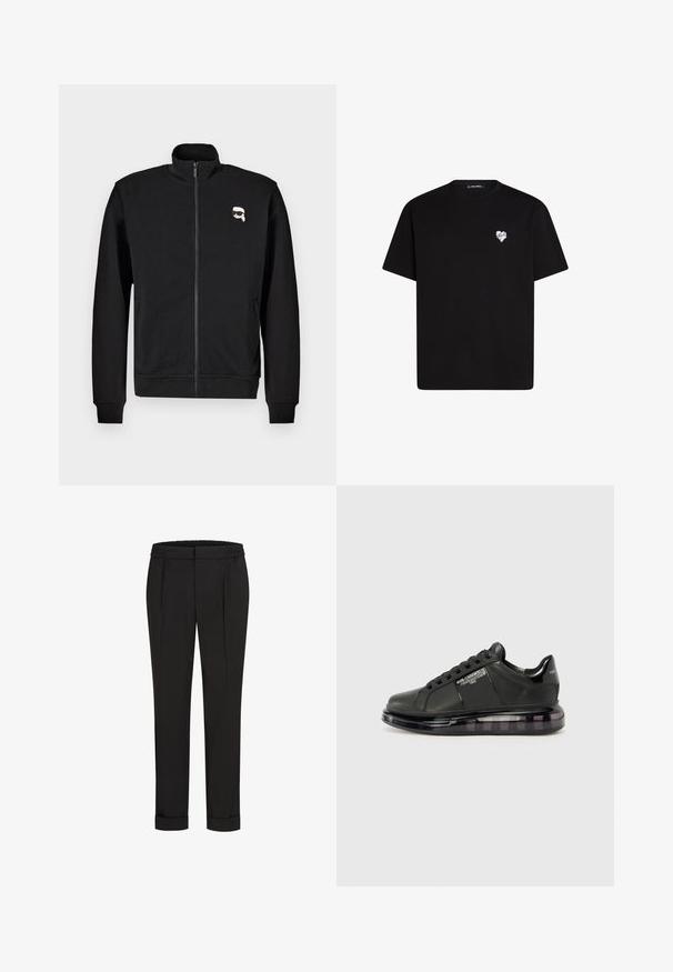 Čierna zipsová mikina vyrobená z bavlnenej zmesi, s vysokým golierom a rebrovanými manžetami, s malou karikatúrou tváre na ľavej strane hrude.; Čierne bavlnené tričko s krátkymi rukávmi, okrúhlym výstrihom a malou bielou srdiečkovou grafikou na ľavej hrudi.; Čierne nohavice s elastickým pásom, s rovnými nohavicami a prehnutými manžetami. Vyrobené z hladkej tkaniny bez vzorov.; Čierne tenisky s hladkým koženým vrchom, zaoblenou špičkou a dizajnom na šnurovanie. Sú vybavené priehľadnou, polstrovanou podrážkou s tmavým gradientom.
