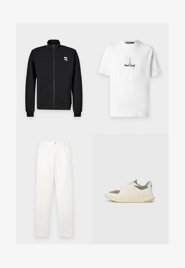 Black zip-up sweatshirt made of cotton blend, featuring a stand collar and ribbed cuffs, with a small cartoon face logo on the left chest.; White cotton t-shirt with short sleeves, featuring a black and white graphic of the Eiffel Tower in a rectangular design on the front.; White trousers made from smooth fabric, featuring a straight leg design, front pleats, and a single button closure at the waist.; White and light beige athletic sneaker, featuring a mesh upper, perforated detailing, and a textured midsole with branding on the heel.