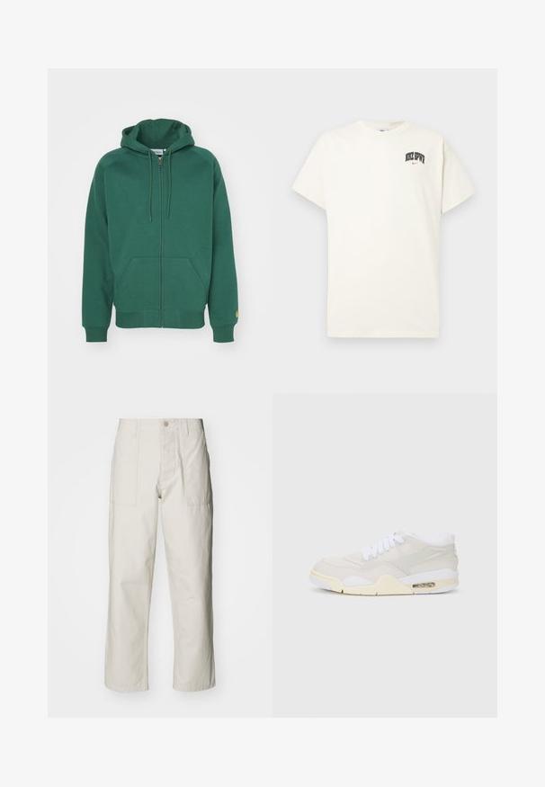 Grüne Kapuzenjacke mit Reißverschluss aus weichem Baumwollmaterial. Sie verfügt über eine verstellbare Kapuze, Vordertaschen und gerippte Bündchen mit einem kleinen Logo am Ärmel.; Cremfarbens Baumwoll-T-Shirt mit kurzen Ärmeln, das "NIKE SB" in schwarzem und rotem Text auf der Brust zeigt. Klassischer Rundhalsausschnitt.; Helle beige weit geschnittene Hose aus Baumwolle. Verfügt über Fronttaschen und einen Knopfverschluss. Glatte Textur mit dezenten vertikalen Streifen.; Sneakers mit einem hellbeigen synthetischen Obermaterial, weißen Schnürsenkeln und sichtbarer Dämpfung. Sie verfügen über eine glatte Sohle und dezente seitliche Akzente.