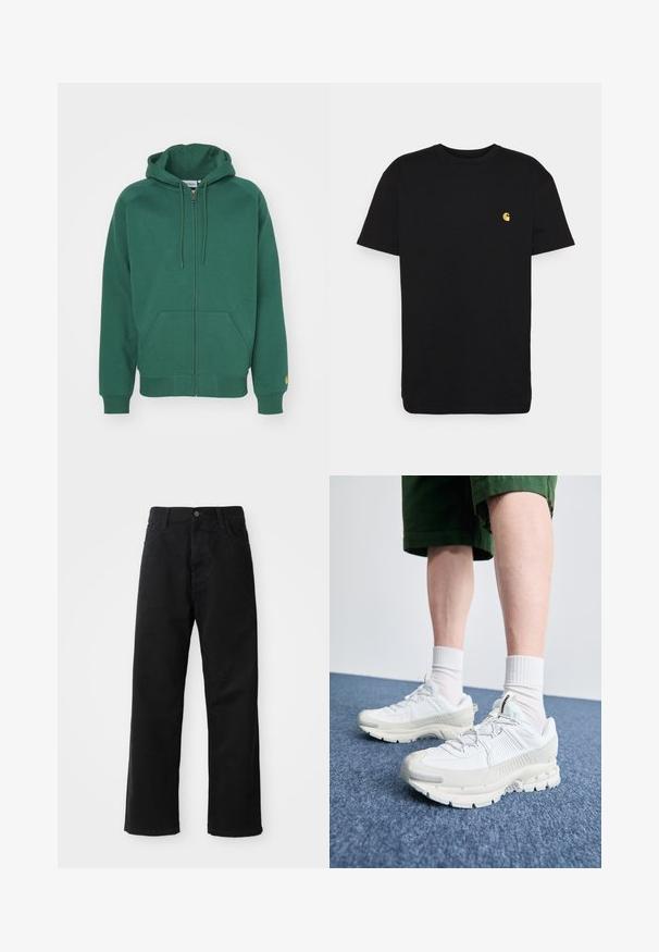 Zaļš zip-up džemperis, kas izgatavots no mīksta kokvilnas. Tam ir kapuce ar aukliņu, priekšējās kabatas un ribotas piedurknes ar mazu logo uz piedurknes.; Melna kokvilnas T-kreklā īsas piedurknes, apaļa apkakle un neliels dzeltenais logotips kreisajā krūtī. Vienkāršs dizains un parasta paveida.; Melnas džinsu bikses ar taisnu griezumu, ar priekšējiem kabatām, rāvējslēdzēju un vienu augšējo pogu. Tekstūrēta auduma matēta virsma.; Baltas sporta apavi ar teksturētām detaļām, masīvu zoli un pelēkiem akcentiem. Valkāti ar baltiem zeķu pēdu apģērbiem un zaļām šortiem uz zilas virsmas.
