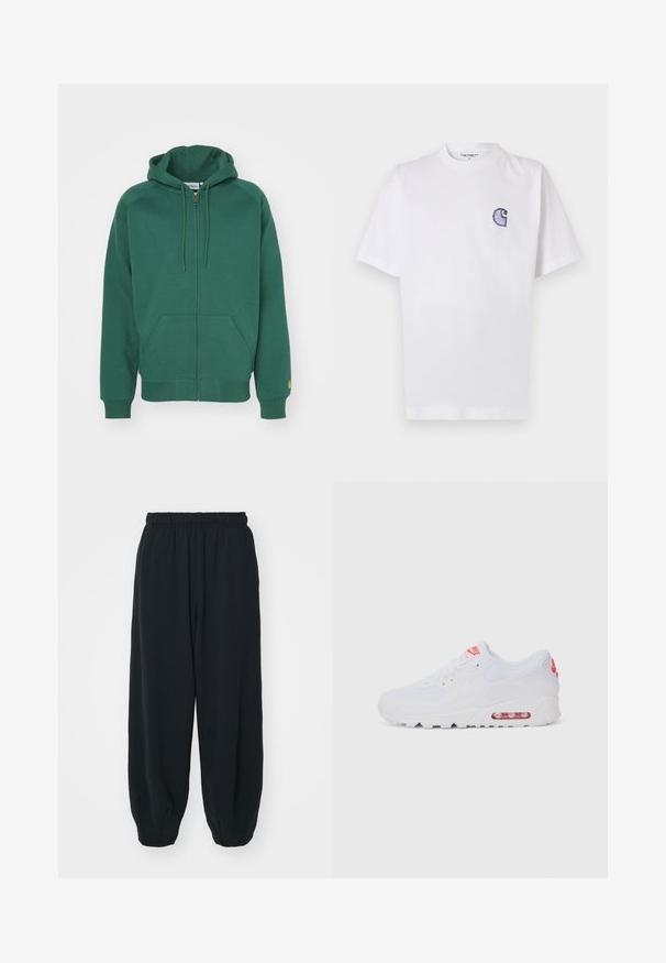 Felpa verde con zip realizzata in morbido cotone. Presenta un cappuccio con cordino, tasche frontali e polsini a costine con un piccolo logo sulla manica.; Maglietta bianca in cotone con maniche corte, scollo rotondo e un piccolo logo "C" blu ricamato sul lato sinistro del petto.; Pantaloni da jogging neri con vita elasticizzata, dalla vestibilità morbida, caviglie a costina, texture liscia e senza motivi visibili o dettagli in metallo.; Sneaker atletica bianca con tomaia liscia, chiusura con lacci, suola ammortizzata e un'unità d'aria visibile con accenti rossi sul branding.