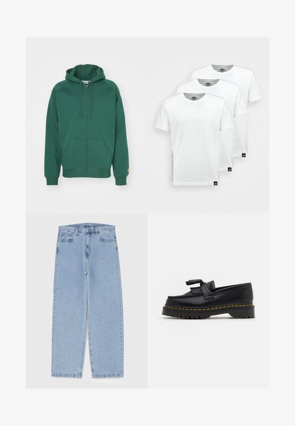 Haut à zip vert en coton doux. Comprend une capuche avec cordon de serrage, des poches frontales et des poignets côtelés avec un petit logo sur la manche.; Trois t-shirts en coton blanc uni à manches courtes. Chaque t-shirt présente un col rond et une petite étiquette de logo noire sur le côté gauche.; Jean en denim bleu clair avec une coupe droite, présentant une taille mi-haute, cinq poches, et une fermeture à bouton et à fermeture éclair.; Mocassin en cuir noir avec un accent à frange, doté d'une semelle épaisse noire et d'une couture jaune le long du bord. Fini texturé.