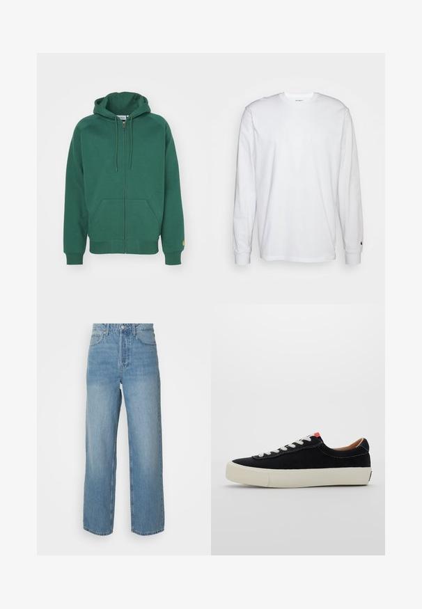 Groene zip-up hoodie van zachte katoen. Heeft een capuchon met trekkoord, voorzakken en geribbelde boorden met een klein logo op de mouw.; Witte lange mouwen T-shirt van katoen. Ronde hals ontwerp met ribgebreide manchetten en een klein logo op de linkermouw. Gladde textuur.; Hoge taille lichtblauwe denim jeans met rechte pijpen, sluiting met een knoop aan de voorkant en vijf zakken, op een effen achtergrond.; Zwarte stoffen sneaker met witte veters, beige rubberen zool en rode accent aan de hiel. Rond toe en minimale stikseldetails.