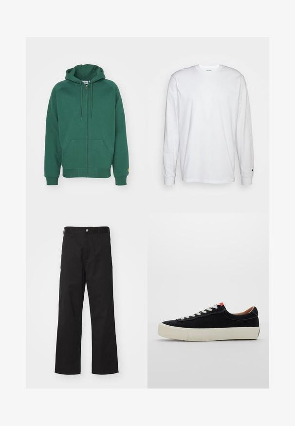 Groene zip-up hoodie van zachte katoen. Heeft een capuchon met trekkoord, voorzakken en geribbelde boorden met een klein logo op de mouw.; Witte lange mouwen T-shirt van katoen. Ronde hals ontwerp met ribgebreide manchetten en een klein logo op de linkermouw. Gladde textuur.; Zwarte broek van duurzame stof met een rechte pasvorm, voorzien van een knoopsluiting aan de voorkant, riemlussen en zonder zichtbare patronen of accenten.; Zwarte stoffen sneaker met witte veters, beige rubberen zool en rode accent aan de hiel. Rond toe en minimale stikseldetails.