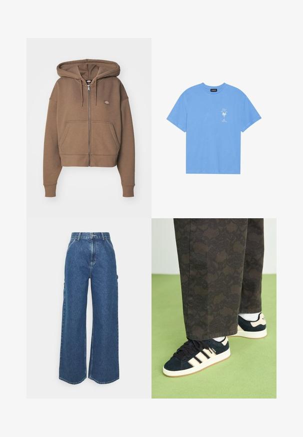 Felpa con zip marrone realizzata in tessuto morbido, dotata di tasca a marsupio frontale, cappuccio con cordino e un piccolo logo sul petto. Design cropped.; T-shirt di cotone blu chiaro con scollatura rotonda. Presenta una grafica bianca di una palma e testo sull'area sinistra del petto. Maniche corte.; Pantaloni in denim blu a gamba larga con vita alta, cuciture a contrasto e tasche laterali, caratterizzati da un classico design a cinque tasche e orli grezzi.; Pantaloni neri e a fantasia abbinati a sneaker in camoscio blu marina con strisce crema e suole bianche. Le superfici mostrate sono texturate e piatte.