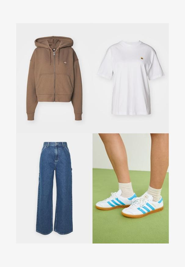 Barna cipzáros kapucnis pulóver, puha szövetből készült, elülső kenguru zsebbel, húzózsinóros kapucnival, és egy kis logóval a mellkason. Rövidített fazon.; Fehér pamut póló laza szabással, rövid ujjakkal és egy kis hímzett logóval a bal mellrészén.; Széles szárú, kék farmernadrág magas derékkal, kontrasztos varrással és oldalsó zsebekkel, klasszikus öt zsebes kialakítással és nyers szegéllyel.; Fehér sportcipők világoskék csíkokkal, gumitalppal és fűzős dizájnnal. Arany logóval és sima bőrhatású felülettel rendelkezik.