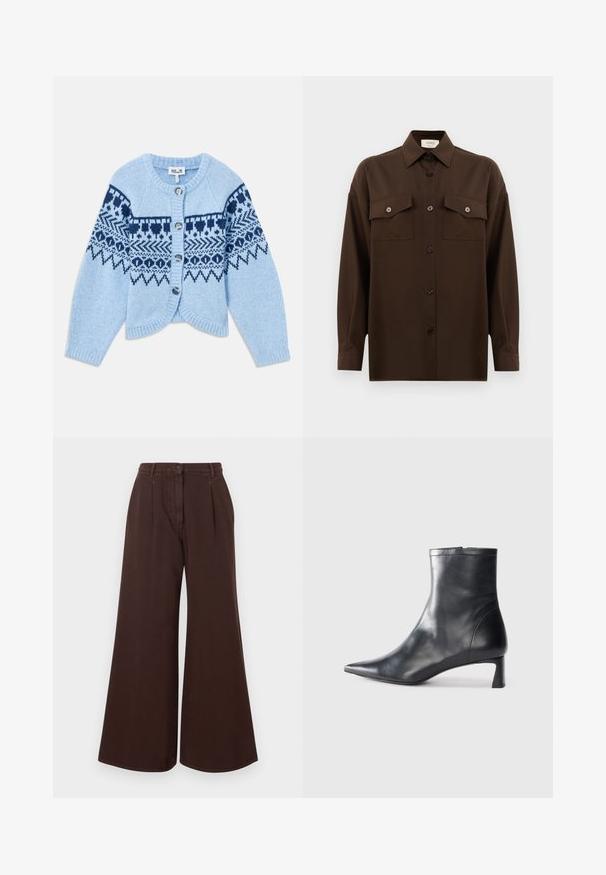 Light blue wool cardigan with dark blue geometric patterns, round neckline, long sleeves, and five button closure at the front.; Dark brown long-sleeve button-up shirt with two flap chest pockets and a classic collar, displayed against a plain white background.; High-waist wide-leg brown pants with button and zipper closure, belt loops, and front pleats.; Black leather ankle boot with a pointed toe and a sleek design. Features a low heel and a zipper closure at the back. Smooth texture.