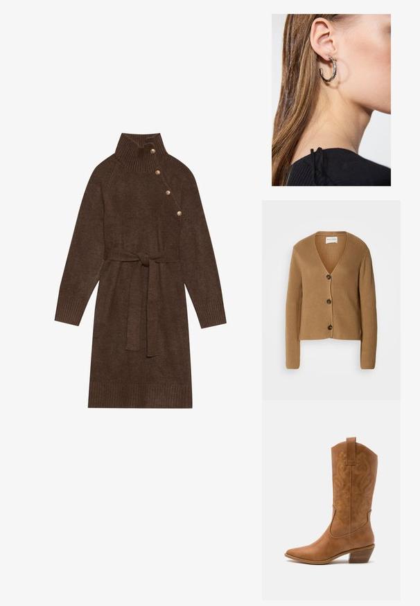 Svetle hnědý pletený cardigan s dlouhými rukávy a třemi tmavými knoflíky vpředu, který má výstřih do V a ribbovaný vzor.; Hnědý pletený svetr šaty s vysokým žebrovaným límcem, bočními knoflíky a odpovídajícím pásem z tkaniny. Žebrované manžety a spodní lem dodávají texturu.; Hnědé kožené kovbojské boty s špičatou špičkou, vyšívanými spirálovými vzory na štítech a s blokovým podpatkem. Obsahují poutko pro snadné obouvání.; Stříbrný kruhový náušník s lesklým povrchem, zdobený malými zlatými akcenty, v kulatém tvaru, nošený na lalůčku.