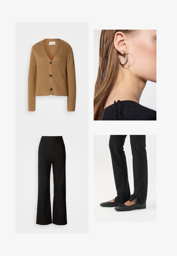 Svetlo rjav pleten kardigan z dolgimi rokavi in tremi temnimi gumbi spredaj, z V-izrezom in rebrasto teksturo.; Črn top brez rokavov, izdelan iz mehkega, raztegljivega materiala. Ima okrogel ovratnik in široke naramnice, s prilagojeno silhueto in gladko teksturo.; Črne široke hlače z gladko teksturo, visokim pasom in čistim dizajnom. Brez vidnih žepov ali okrasnih elementov.; Črne usnjene balerinke s koničastim nosom, trak z srebrno zaponko, v kombinaciji s črnimi elegantnimi hlačami z razporkom na robu.; Srebrna obročasta uhana s polirano površino, ki vključuje majhne zlate poudarke in okroglo obliko, nošena na ušesnem lobu.