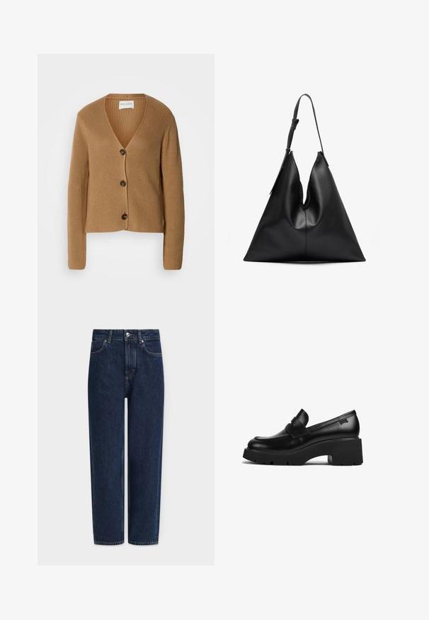 Šviesiai rudos spalvos megzta kardiganas su ilgomis rankovėmis ir trimis tamsiomis mygtukais priekyje, turintis V-formos iškirpimą ir raštuotą tekstūrą.; Ilgos rankovės, ribuotas viršus šviesios persikų spalvos, su apvalia iškirpte ir aptemta siluetu, pagamintas iš minkšto, tampraus audinio.; Tamsiai mėlyni džinsai iš džinsinio audinio su tiesiomis kelnėmis, aukštu liemeniu, sidabro spalvos detalėmis, priekinėmis kišenėmis ir subtiliomis siuvimo detalėmis. Klasikinis penkių kišenių dizainas.; Juodas odinis loaferis su storais kulnais, storu padu ir dirželiu per viršų, rodoma iš šono ant baltos fono.; Juoda odinė trikampio formos rankinė su viena reguliuojama petneša ir minkšta, šiek tiek susmukusia struktūra.