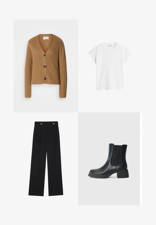 Cardigan de malha castanho claro com mangas longas e três botões escuros na frente, apresentando um decote em V e textura canelada.; T-shirt branco de manga curta feito de algodão. Apresenta um corte descontraído com decote redondo e costuras de ombro ligeiramente caídas. Sem padrões ou detalhes.; Calças largas pretas com cintura alta, detalhes em botão na cintura e pregas frontais.; Bota de tornozelo em couro preto com painéis laterais elásticos, bico arredondado e um pequeno salto bloco. A superfície tem uma textura suave e um detalhamento mínimo.