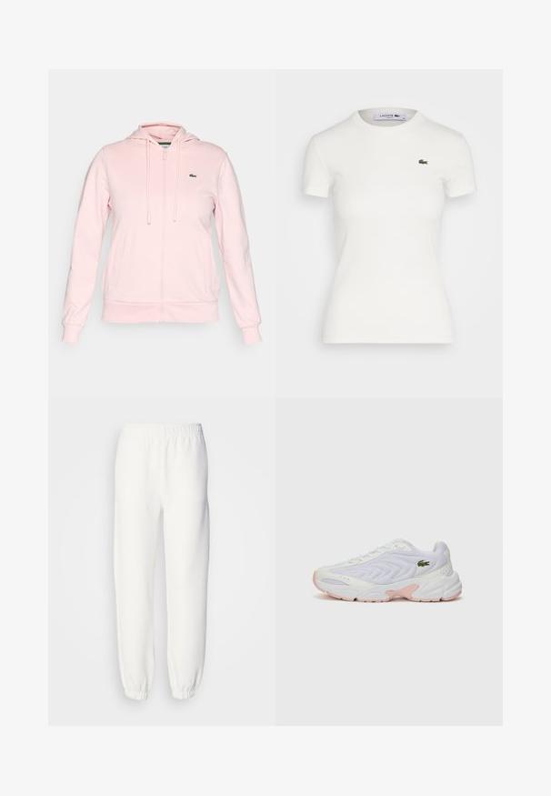 Světle růžová zipová mikina vyrobená z měkké látky, s kapucí, šňůrkami, dvěma předními kapsami a malým zeleným logem na levé hrudi.; Bílý krátký rukáv žebrované tričko s kulatým výstřihem a malým zeleným logem krokodýla Lacoste na levé hrudi. Hladká bavlněná tkanina.; Bílé tepláky vyrobené z měkké pleteniny. Elastický pás a manžety zajišťují pohodlný střih. Minimalistický design, žádné viditelné vzory nebo akcenty.; Bílé sportovní boty s texturovaným meshovým svrškem, jemnými růžovými akcenty na podrážce a zeleným krokodýlím logem na boku.