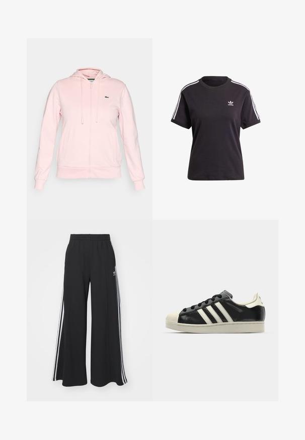 Sweatshirt rosa claro, com fecho éclair, feito de tecido macio, apresentando capuz, cordões, dois bolsos frontais e um pequeno logótipo verde no lado esquerdo do peito.; T-shirt preto de algodão de mangas curtas com gola redonda, apresentando riscas brancas nos ombros e um pequeno logotipo branco da Adidas no peito.; Calças de suor largas e pretas com uma cintura elástica, apresentando riscas brancas nas laterais e um logótipo bordado na coxa esquerda.; Sapatilha de couro preto com riscas brancas, biqueira de borracha, atacadores pretos e sola na cor creme. Textura suave com acabamento brilhante.