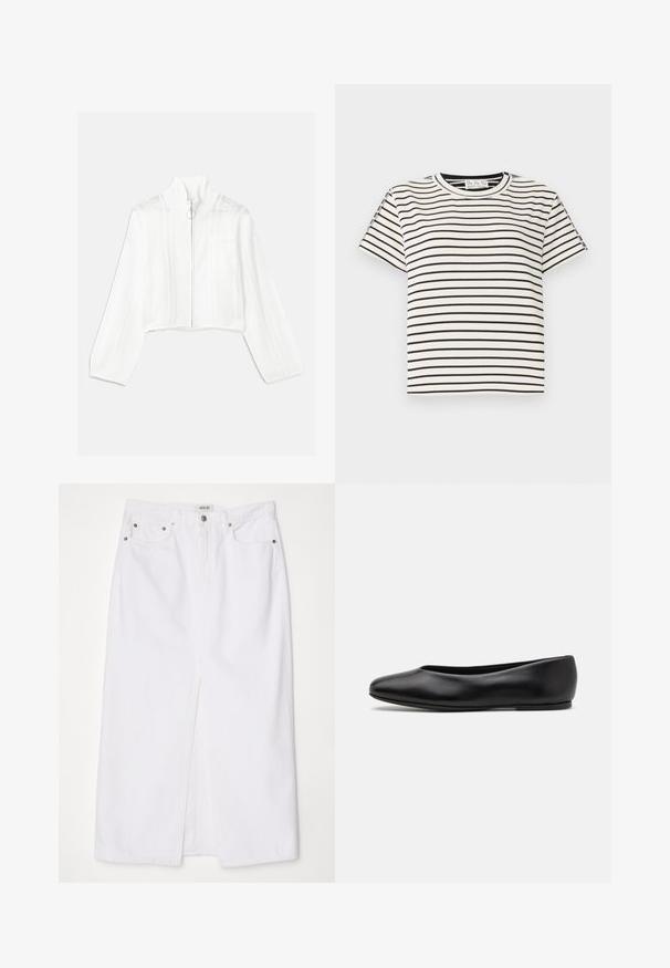 Bílá zkrácená bunda na zip s vysokým límcem, zdobená síťovinou a přední kapsou. Vyrobena z texturované pleteniny. Kulatý taháček na zip.; Bavlněné tričko s krátkým rukávem a kulatým výstřihem, s černými vertikálními pruhy na bílém pozadí a s rovného střihu.; Bílá džínová sukně s předním rozparkem, pěti kapsami, kovovým knoflíkem a zipovým zapínáním a prošívanými detaily na lemu.; Paul Smith TOPANGA - Klasické baleríny - black