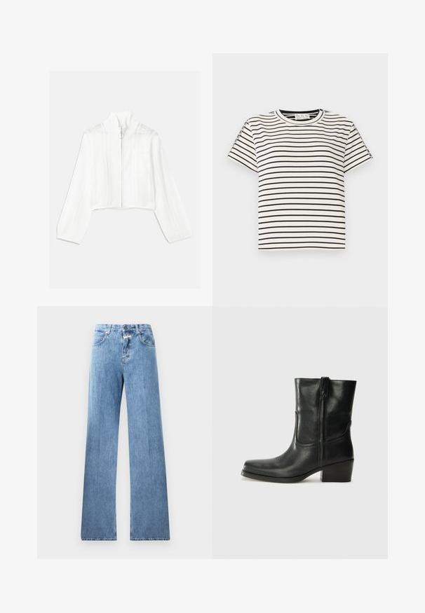 Weiße, taillierte Zip-Jacke mit hohem Kragen, die über Netzakkzente und eine Fronttasche verfügt. Hergestellt aus strukturierter Strickware. Runde Reißverschlusslasche.; Kurzarm-T-Shirt aus Baumwolle mit Rundhalsausschnitt, das auf einem weißen Hintergrund schwarze vertikale Streifen und einen geraden Schnitt aufweist.; Hellblaue Jeans aus Denim mit weitem Bein, fünf Taschen, Gürtelschlaufen und einem Knopfverschluss. Der Stoff hat eine glatte Textur.; Schwarze Leder-Ankle Boots mit runder Zehenform, Blockabsatz, seitlichem Reißverschluss und gestickten Akzenten auf dem Blatt. Glatte Textur, klassisches Design.