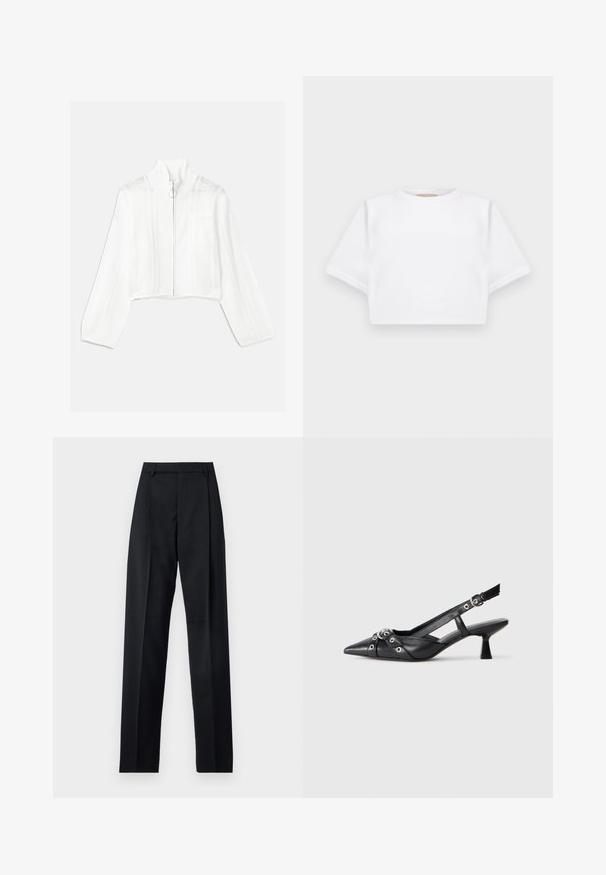 Balta trumpa zip-up striukė su aukštu apykakle, su tinklinėmis detalėmis ir priekine kišene. Pagaminta iš tekstūruoto mezginio audinio. Apvalus zip'o užtrauktukas.; Trumpas baltas marškinėliai iš minkštos medžiagos, su trumpomis rankovėmis, apvaliu iškirpimu ir raukšlėtais hemų detalėmis. Paprastas ir be puošmenų dizainas.; Juodos kelnės iš lygaus audinio, pasižyminčios aukštu liemeniu, plačiomis kojomis, priekinėmis klostėmis ir klasikiais diržo kilpomis. Šoninių kišenių nematyti.; Juodas odinis slingback tipo batai su smailiu priekiniu atvartu, dekoratyvinėmis sagtimis su metaliniais akyčiais ir žemu blokiniu kulnu. Saldus paviršius.