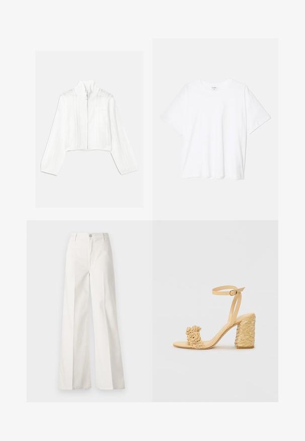 Veste courte zippée blanche avec un col haut, dotée d'accents en maille et d'une poche avant. Fabriquée en tissu tricoté texturé. Tirette de fermeture circulaire.; T-shirt en coton blanc avec des manches courtes, un col rond, une coupe décontractée et un ourlet cousu. Étiquette visible à l'intérieur du col.; Pantalons blancs à jambes larges en coton avec une texture douce. Comprend un bouton à l'avant, une fermeture éclair et un design à quatre poches.; Sandale à talons hauts beige avec une texture tressée, ornée d'une fleur décorative et d'une bride à la cheville. Le talon carré ajoute de la stabilité.