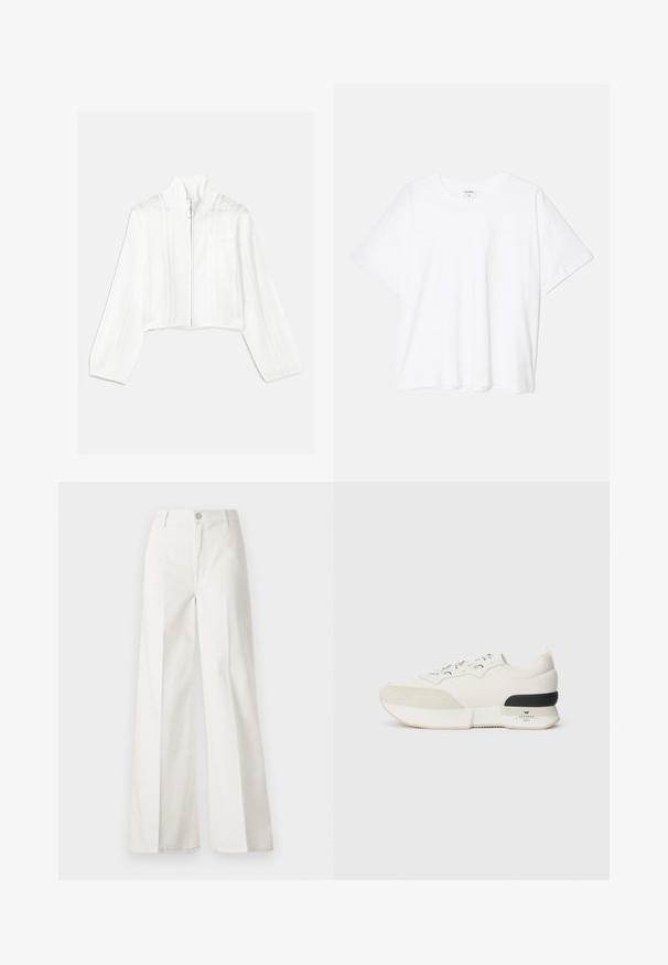 Bijela skraćena jakna na zip s visokim ovratnikom, koja sadrži mrežaste detalje i prednji džep. Izrađena od teksturirane pletene tkanine. Okrugla kvačica za zatvarač.; Bijela pamučna majica s kratkim rukavima, okruglim izrezom, opuštenim krojem i šivenim rubom. Etiketa je vidljiva na unutarnjoj strani vrata.; Bijele široke hlače izrađene od pamuka s glatkom teksturom. Imaju prednji gumb, patentni zatvarač i dizajn s četiri džepa.; Bijela tenisica s teksturiranim nubuk prednjim dijelom, glatkim mrežastim gornjim dijelom, dekorativnim vezicama i crnim gumiranim akcentom na peti.