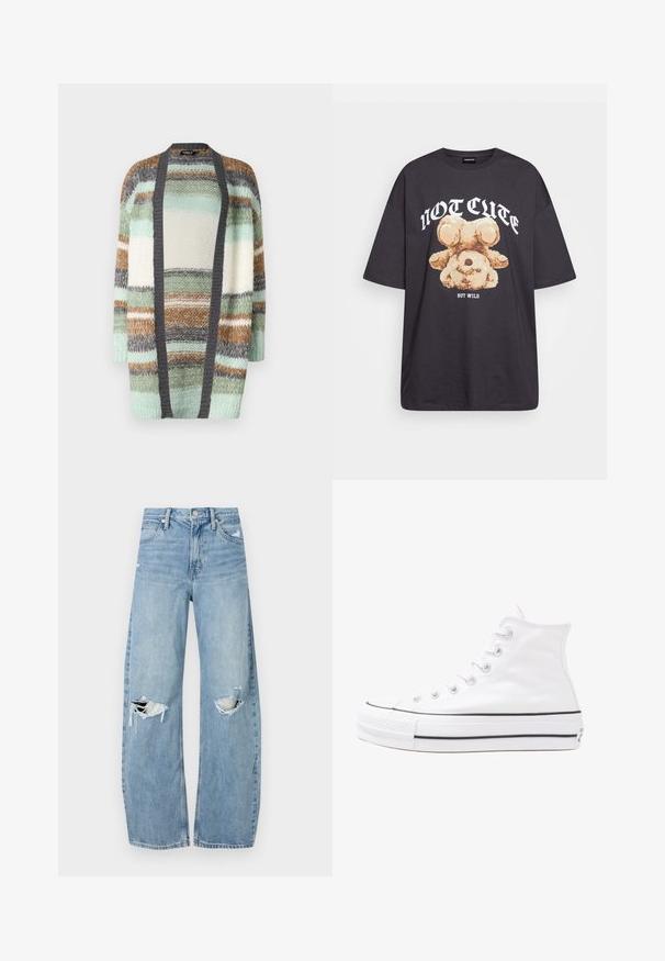 ONLY ONLALYSSA LIFE CARDIGAN - Cardigan - magnet stripes/aqua gray/cloud dancer/hedge green; Svart oversized t-skjorte med en grafikk av en bjørn og teksten "IKKE SØT, MEN VILL" i fet, hvit skrift. Laget av bomull.; Lyseblå høytlivsjeans laget av denim. Har vide bein, to revne knær og klassisk fem-lommers design.; Hvit høy-skinn kanvas sneakers med svart gummisåle, gummitåhette foran og seks hull for snorer, med et rent, minimalistisk design.