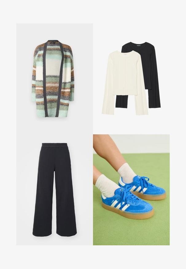 ONLY ONLALYSSA LIFE CARDIGAN - Ζακέτα - magnet stripes/aqua gray/cloud dancer/hedge green; Σέτ δύο μακρυμάνικων μπλουζών σε λευκό και μαύρο. Ριπ υφή, στρογγυλή λαιμόκοψη, εφαρμοστή γραμμή με ελαφρώς φαρδιές μανίκες.; Μαύρα ανοιχτά παντελόνια φόρμας από μαλακό υλικό, με ελαστική μέση και μικρό λογότυπο στην αριστερή πλευρά.; Μπλε σουέντ αθλητικά παπούτσια με λευκές ρίγες, καουτσούκ σόλα, στρογγυλή μύτη και υφασμάτινα κορδόνια. Συνδυασμένα με κρέμ κάλτσες πάνω σε πράσινη επιφάνεια.