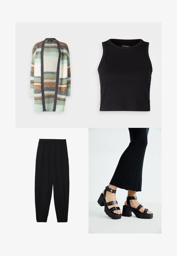 ONLY ONLALYSSA LIFE CARDIGAN - Jopica - magnet stripes/aqua gray/cloud dancer/hedge green; Črn rebrast kratki top z okrogllim izrezom in brezrokavnim dizajnom. Narejen iz mehke, raztegljive tkanine, z urejenimi robom.; Črne, lahke hlače z elastičnim pasom in nabranimi gležnji. Tkanina je gladka in ima sproščen, taperiran dizajn.; Črne platforme s sandali in debelimi, zarezami ter več naramnicami, ki vključujejo kovinske zaponke in gladko teksturo, podobno usnju.