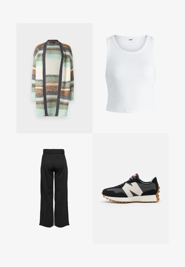 ONLY ONLALYSSA LIFE CARDIGAN - Cardigan - magnet stripes/aqua gray/cloud dancer/hedge green; Hvit ribbestrikket tank topp med rund hals, uten ermer og croppe lengde. Merket leser "JJXX." Glatt stoff tekstur.; Svarte, vide bukser med elastisk midje, laget av glatt stoff. Har et rent design uten lommer eller synlige sømmer.; Sorte og grå sued sneakers med et stort cremefarvet "N" logo, lilla snørebånd og en tekstureret gummisål.