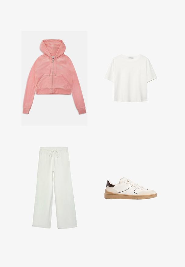 Růžová zkrácená mikina s kapucí vyrobená z měkké, plyšové látky. Obsahuje přední zip, kapuci na šňůrku a dvě přední kapsy s logem.; Bílý krátký rukáv tričko vyrobené z bavlny. Má kulatý výstřih a volný střih. Hladký materiál bez viditelných vzorů nebo akcentů.; Bílé kalhoty s širokými nohavicemi vyrobené z měkké tkaniny. Mají elastický pas se stahovací šňůrkou a hladkou strukturu. Žádné viditelné vzory ani kovové prvky.; Stradivarius Tenisky - white