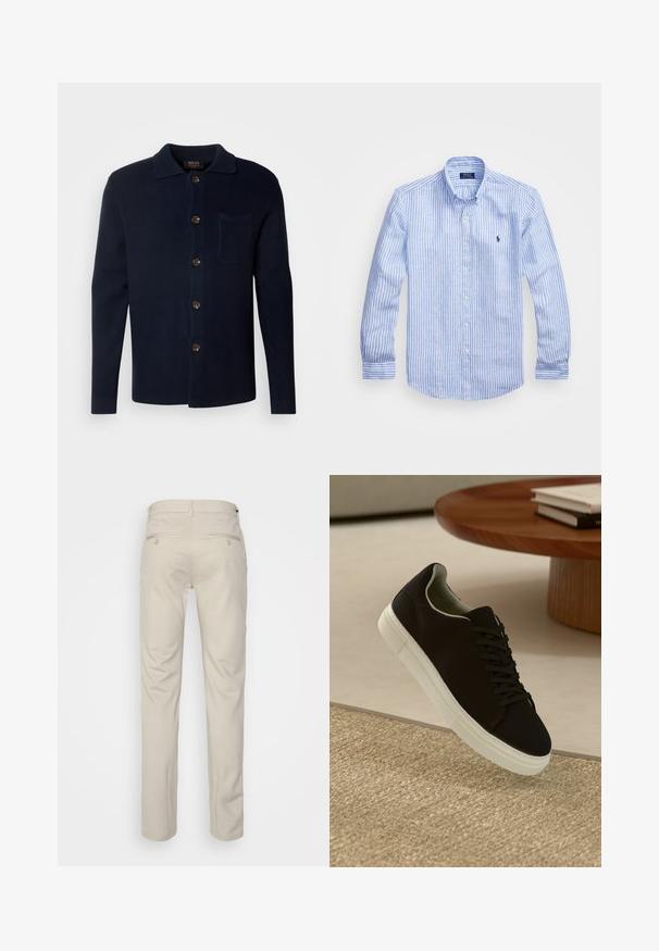 Tumši zils pogu krekls, izgatavots no teksturēta auduma, ar apkakli, priekšējo kabatu un brūnām pogām.; Zila un baltā svītru garām piedurknēm krekls izgatavots no kokvilnas, ar pogājamu apkakli, priekšējām pogām un nelielu izšūtu logotipu uz krūtīm.; Bežīgas bikses ar gludu tekstūru, taisnas kājas, divas aizmugurējās kabatas ar pogām un standarta jostas vietu.; Melni sporta apavi ar baltu zoli, kas peld virs bēša tekstūrēta paklāja netālu no apaļa koka galda ar sakrautiem grāmatām.
