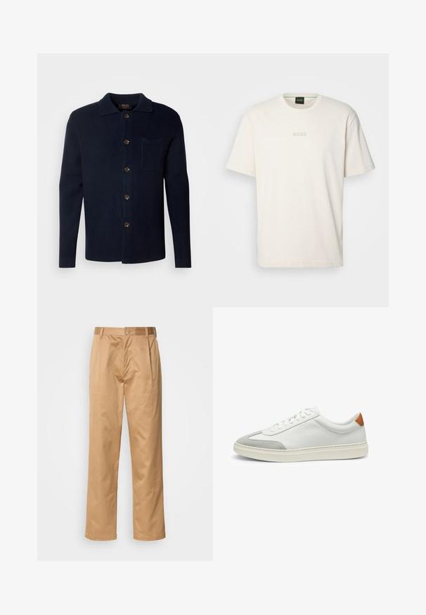Chemise bleu marine à boutons, en tissu texturé, avec un col, une poche avant et des boutons marron.; BOSS TEE - T-shirt basique - open white; Pantalons khaki, en mélange de coton, coupe droite, plis avant, passants de ceinture et fermeture à bouton. Texture lisse sans motifs.; Baskets en cuir blanc avec des accents en suède gris et un talon en cuir beige. Elles présentent une surface texturée et une semelle légère.