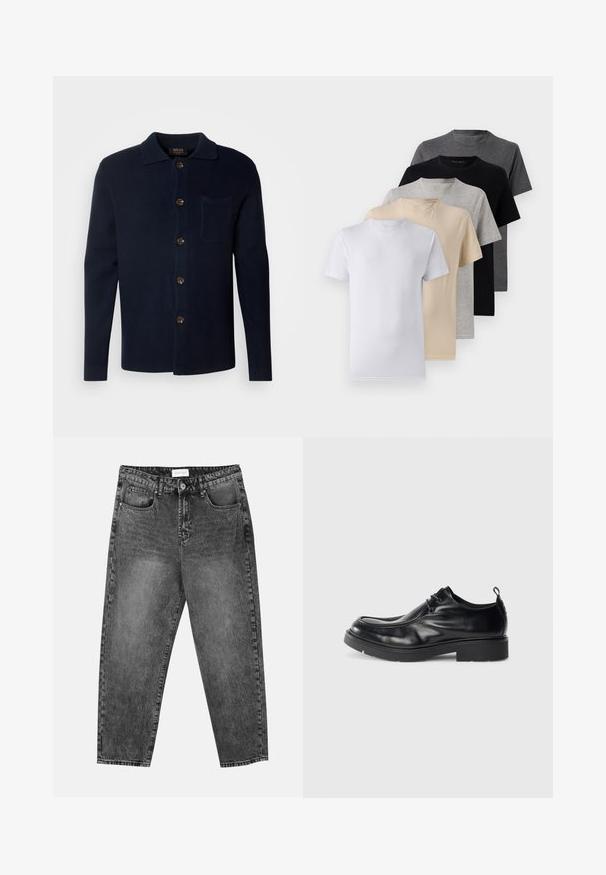 Dark navy button-up shirt made of textured fabric, featuring a collar, front pocket, and brown buttons.; Set of five short-sleeve t-shirts in white, beige, light gray, dark gray, and black. Made of smooth cotton, featuring crew neck design.; Black washed straight-leg jeans with front and back pockets, belt loops, and a button closure at the waist.; Black leather dress shoe with rounded toe, lace-up front, and a decorative seam. Features a thick, textured rubber sole and a heel tab.