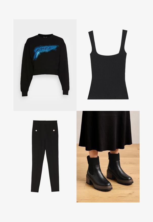 Guess GUESS LOGO CROP - Camisola - jet black; Top de alças pretas com decote quadrado e alças finas e ajustáveis. O tecido apresenta um padrão texturizado e um design ajustado.; Calças pretas ajustadas com uma textura suave, apresentando dois bolsos laterais com acessórios decorativos em metal e um design slim-fit.; Botas de tornozelo em couro preto com punhos em tecido canelado, salto marrom chunky e sola texturizada. Acabamento suave com painéis laterais elásticos.