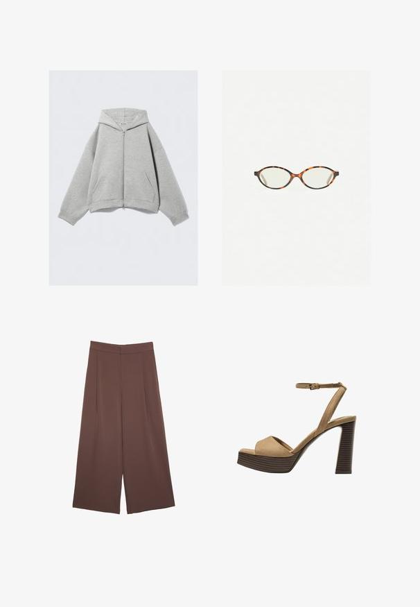 Šedá mikina na zip vyrobená z měkké směsi bavlny, s kapucí, klokankovými kapsami a žebrovanými manžetami. Uvolněný oversized střih.; Hnědé tričko s krátkým rukávem vyrobené z měkké látky, s kulatým výstřihem a volným střihem. Bez viditelných vzorů nebo dekorací.; Hnědé široké kalhoty s hladkou texturou, vysokým pasem a předními záhyby. Materiál je lehký a volně splývá.; Bežové semišové sandály na vysokém podpatku s širokým předním páskem a páskem kolem kotníku, s masivním dřevěným blokovým podpatkem s texturovaným povrchem.; Želvovinové brýle s oválnými čočkami a hladkým, jemným povrchem. Má tenké bočnice s jemným zakřivením v chrámcích. Čiré čočky.