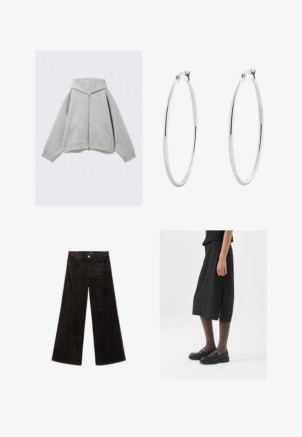 Šedá mikina na zips vyrobená z mäkkej zmesi bavlny, s kapucňou, klokankovými vreckami a rebrovanými manžetami. Uvoľnený oversized strih.; Sivý rebrovaný top bez rukávov s okrúhlym výstrihom. Mäkkučká textúra a priliehavý strih, vhodný na ležérne nosenie alebo vrstvenie.; Čierne kordové nohavice so širokými nohavicami a vysokým pásom, vrchné vrecká a textúrovaná látka, s gombíkovým zapínaním a pútkami na opasok.; Čierna sukňa po kolená so bočným rozparkom, skombinovaná s čiernymi mokasínami a priehľadnými hnedými pančuchami, s hladkým materiálom a jednoduchým dizajnom.; Strieborné kruhové náušnice s hladkým, lesklým povrchom a tenkým, kruhovým tvarom. Dizajn obsahuje bezpečné zapínanie.