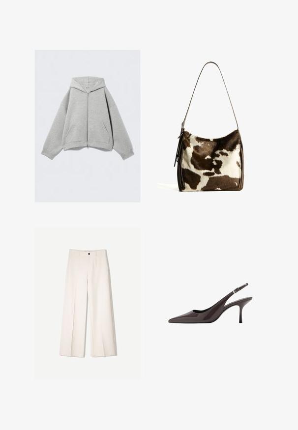 Sivi zip-up hoodie napravljen od meke mješavine pamuka, s kapuljačom, kenguruvim džepovima i rebrastim manžetama. Opusti i prevelik kroj.; Bijela majica kratkih rukava od pamuka. Ima okrugli izrez i opušteni kroj. Glatka tekstura bez vidljivih uzoraka ili naglasaka.; Kreme hlače širokih nogavica s krojem koji je prilagođen, s dva prednja džepa i jednim prednjim zatvaranjem na gumb, izrađene od glatkog materijala.; Sandalice s uskim potpeticama u tamnosmeđoj lakiranoj koži, s uskom visokom potpeticom i prilagodivim remenom oko gležnja s kopčom.; Smeđa i krem torba preko ramena od kravljeg krzna sa glatkim kožnim remenom, zatvaranjem na patentni zatvarač i mekom, teksturiranom površinom koja sadrži prirodan uzorak.