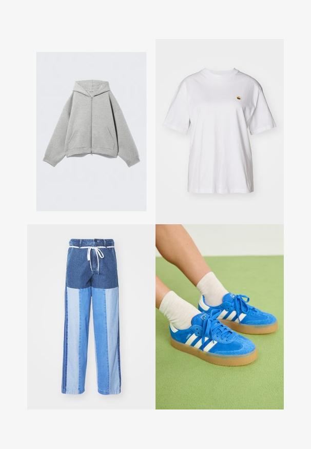 Gray zip-up hoodie made of soft cotton blend, featuring a hood, kangaroo pockets, and ribbed cuffs. Relaxed oversized fit.; White cotton t-shirt with a relaxed fit, short sleeves, and a small embroidered logo on the left chest area.; Blue denim pants featuring a patchwork design with varying shades of blue, a drawstring waist, and loose, straight-cut legs.; Blue suede sneakers with white stripes, gum sole, round toe, and fabric laces. Paired with cream socks on a green surface.