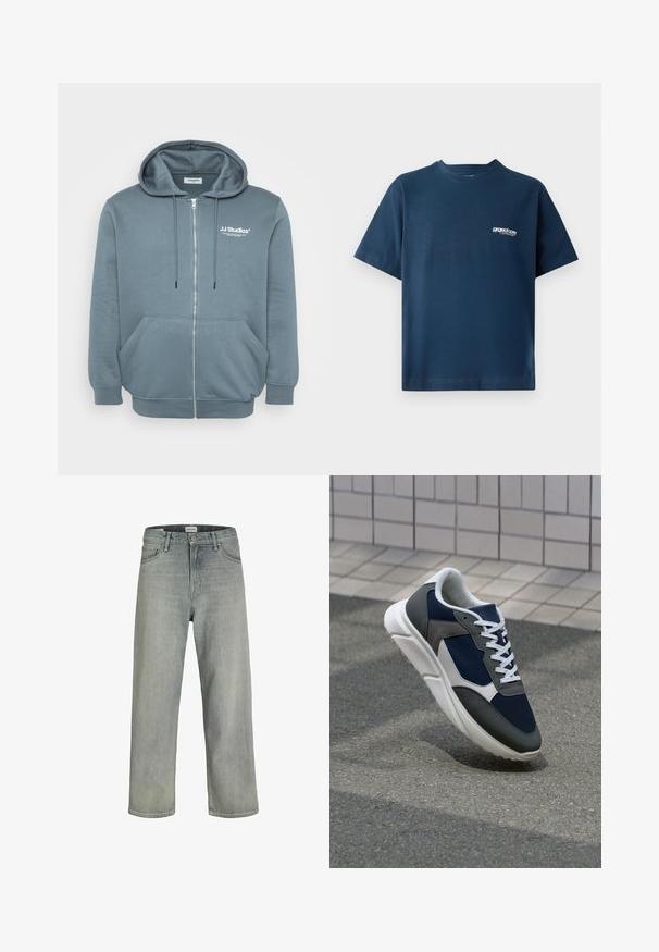 Felpa con zip in morbido tessuto grigio-blu, dotata di cappuccio con lacci, tasche a marsupio, polsini a costine e piccolo logo sul petto.; T-shirt in cotone blu navy con maniche corte e scollatura rotonda. Presenta un piccolo logo bianco sull'area a sinistra del petto. Texture morbida.; Jeans grigi chiaro, con vestibilità comoda, realizzati in denim. Presentano un classico design a cinque tasche, passanti per cintura e una silhouette a gamba dritta.; Sneaker con tomaia in rete blu navy, inserti in suede grigio, suola in gomma bianca e lacci bianchi piatti, progettata per comfort e traspirabilità.