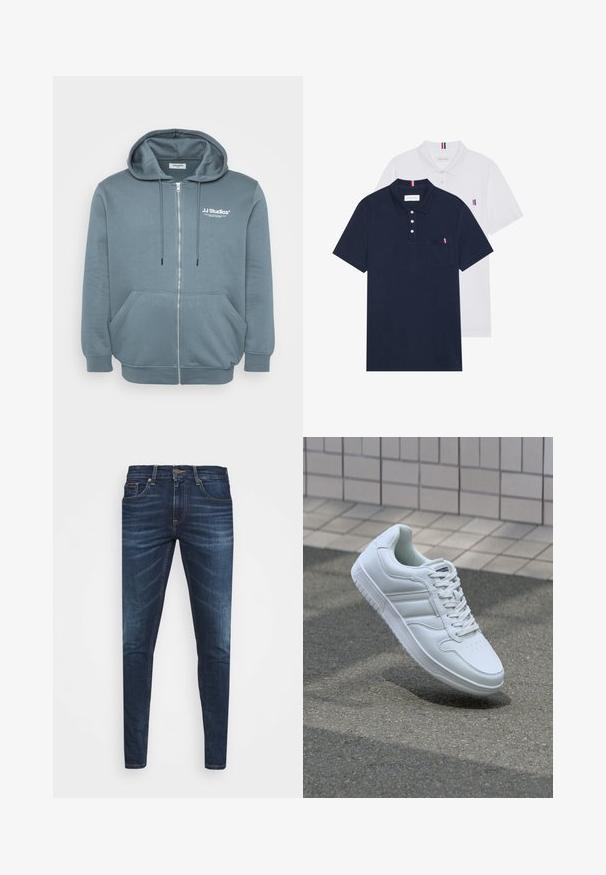 Cietais kapuciņa izgatavota no mīksta, zilgani pelēka auduma ar savelkamu kapuci, kenguru kabatām, ribotām piedurknēm un mazu logotipu uz krūšu.; Divas polo kreklu komplekts: viens tumši zils un viens balts, abi ar mazu sarkanu, baltu un zilu akcentu uz krūšu kabatas un apkakles.; Tumši zili džinsi ar šauru piegriezumu, ar vieglu izbalēšanu, piecām kabatām un metalizētu pogu aizdari. Šuvju akcenti kontrastējošā krāsā.; Balti sporta apavi ar gludu ādas virsu, sasienamais priekšpuse, perforēts purngals un rakstaina zole. Minimālisma dizains ar trim sānu svītrām.