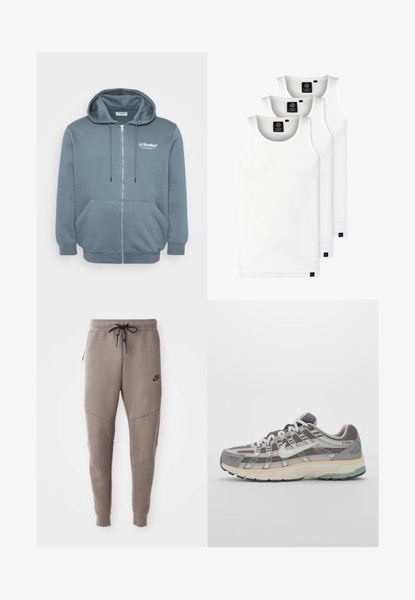 Lynlås hoodie i blødt, blågråt stof med hætte med snøre, kengurutaske, ribbede manchetter og lille logo på brystet.; Tre hvide ribbede tanktops lavet af bomuld. Har en rund hals og små sorte mærker nær sømmen. Fås i flere størrelser.; Grå Nike joggingbukser med snoretræk i taljen, tapered ben, sidelommer og markante sømdetaljer. Blødt, struktureret stof.; Grå sportssko med overdel i mesh og ruskind, hvide accenter, en polstret sål og et særpræget design med reflekterende elementer.