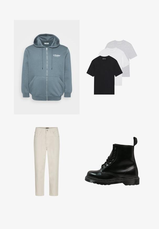 Zip-up hettegenser i myk blågrå stoff med snøring i hetten, kengurulommer, ribbestrikkede mansjetter og lite logo på brystet.; Sett med tre grunnleggende t-skjorter i svart, hvitt og lys grå. Korte ermer, rund hals, laget av glatt bomullsstoff. Merkevaren synlig.; Beige rett benbukser med frontknapp, beltehemper og fem-lomme design, vist på en hvit bakgrunn.; Svarte lærstøvler med avrundet tå, snøring, seks snørehull og en teksturert gummisåle. Har en trekkrem bak.