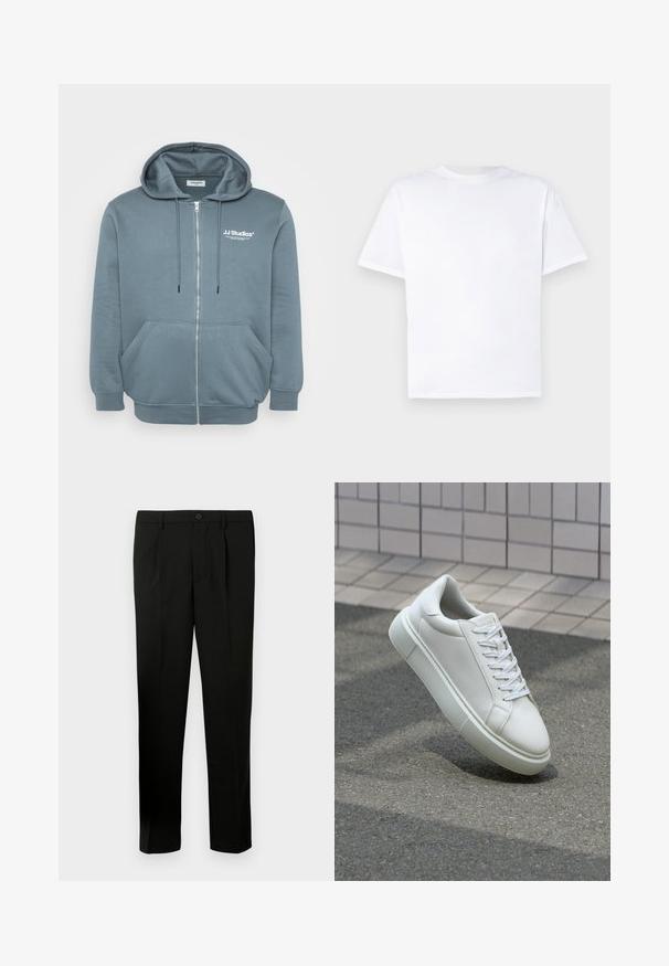 Hoodie zippé en tissu bleu-gris doux, avec une capuche à cordon, des poches kangourou, des poignets côtelés et un petit logo sur la poitrine.; T-shirt en coton blanc à col rond et manches courtes. Texture lisse, coupe droite, sans motifs ni accents. Vue de dos uniquement.; Pantalon noir ajusté avec un devant plat, deux plis, une fermeture à bouton, des poches latérales et une coupe droite. Fabriqué à partir d'un tissu lisse.; Baskets en cuir blanc avec une surface lisse, bout rond et lacets plats blancs. Présentent une semelle en caoutchouc texturée et des éléments de design minimalistes.