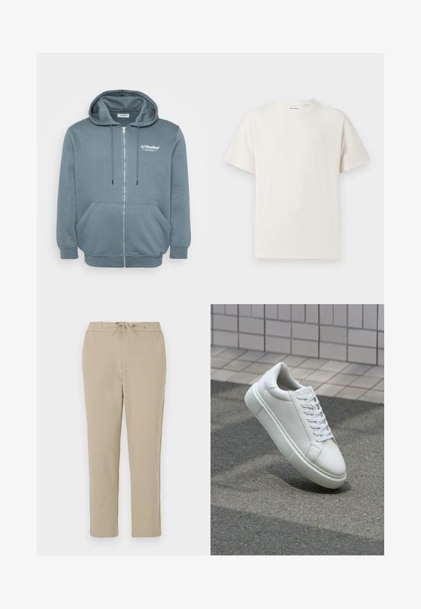Vetoketjullinen huppari pehmeästä siniharmaasta kankaasta, jossa on kiristettävä huppu, kengurupussit, ribattu hihansuukku ja pieni logo rinnassa.; Valkoinen lyhythihainen T-paita ribbikuviossa. Pyöreä kaula-aukko, rento istuvuus, ei näkyviä kuvioita tai yksityiskohtia. Yksinkertainen ja monikäyttöinen muotoilu.; Beige lounge pants dengan sabuk elastis dan tali serut, menampilkan desain kaki lurus dan tekstur yang lembut serta halus.; Valkoinen nahkainen lenkkari, jossa on sileä pinta, pyöreä kärki ja tasaiset valkoiset nauhat. Varustettu teksturoidulla kumi-pohjalla ja vähäisillä muotoiluelementeillä.