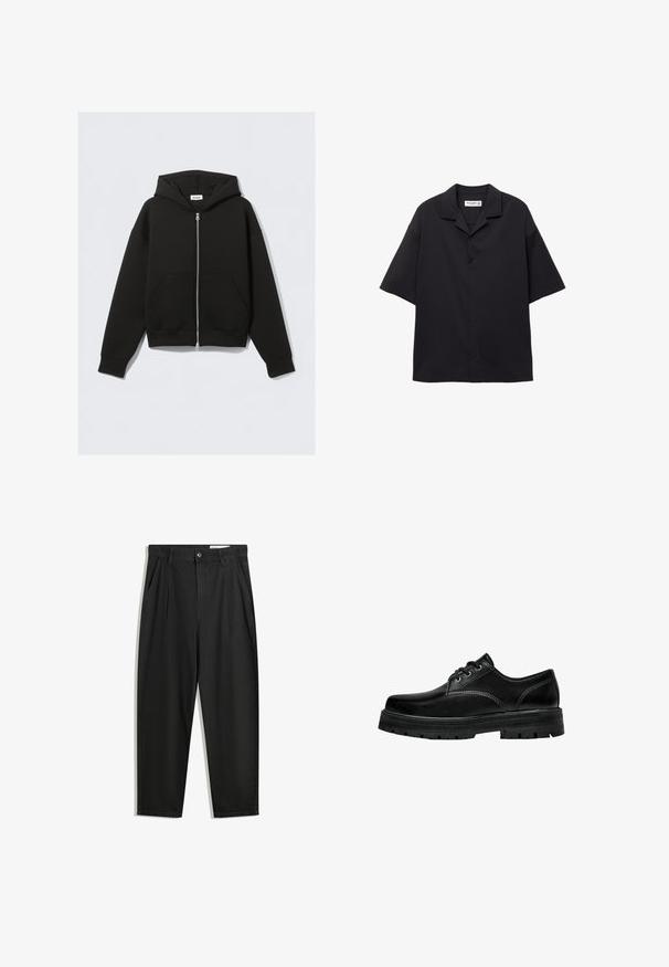 Schwarze Zip-Hemdjacke aus weichem Stoff. Verfügt über eine Kapuze, Fronttaschen und gerippte Bündchen und Saum. Glatte Textur ohne Muster.; Kurzarmiges schwarzes Button-Up-Hemd aus glattem Stoff, mit umgeschlagenem Kragen und lockerer Passform. Verfügt über fünf Knöpfe vorne und keine Muster.; Schwarze Baumwollhose mit lockerem Schnitt, ausgestattet mit einem klassischen Bund, vorderen Falten und Seiten taschen. Glatte Textur ohne Muster.; Schwarze Leder Schnürschuhe mit abgerundeter Spitze, strukturiertem Finish und dicker Gummisohle mit tiefen Rillen für besseren Grip.