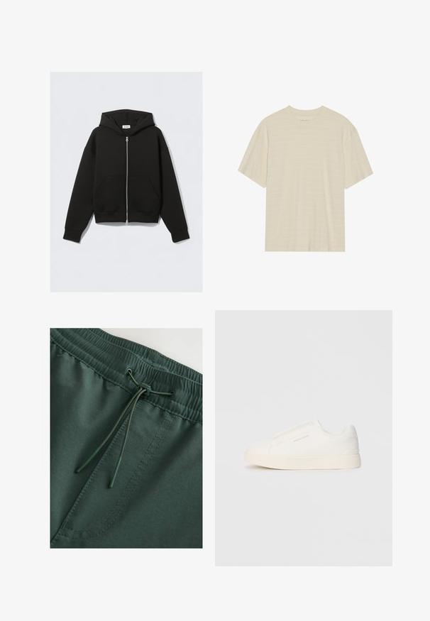 Zwarte zip-up hoodie van zachte stof. Beschikt over een capuchon, voorkeurszakken en ribgebreide manchetten en onderrand. Glad van textuur zonder patronen.; Crème-kleurig t-shirt met korte mouwen, voorzien van een subtiele gestreepte textuur en een ronde halslijn, gemaakt van lichte stof.; Donkergroene sweatshorts met een elastische tailleband en trekkoord, zacht van textuur en met zichtbare stiksels. Eenvoudig, functioneel ontwerp.; Witte instap sneakers met een gestructureerd oppervlak, een dikke zool en een minimalistisch ontwerp. Bevat het merklogo aan de zijkant.