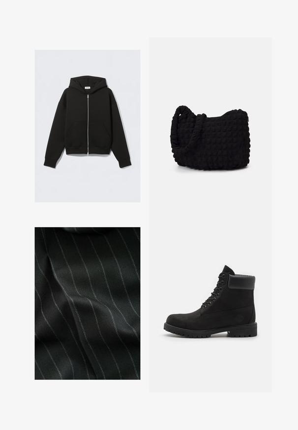 Zwarte zip-up hoodie van zachte stof. Beschikt over een capuchon, voorkeurszakken en ribgebreide manchetten en onderrand. Glad van textuur zonder patronen.; Zes zwarte t-shirts met ronde hals in een verpakking van vijf. Korte mouwen, van katoen, met een standaard pasvorm. Gladde textuur zonder zichtbare patronen of versieringen.; Zwarte stof met een visgraatpatroon en dunne witte strepen. De textuur lijkt glad met een subtiele diepte van de weving.; Zwarte enkellaars met vetersluiting, voorzien van een gevoerde kraag en een robuuste zool, weergegeven in profiel tegen een witte achtergrond.; Zwarte stoffen tas met een gestructureerd, gewatteerd patroon. Rondvormig, korte, dikke handvatten en een zachte, flexibele structuur.