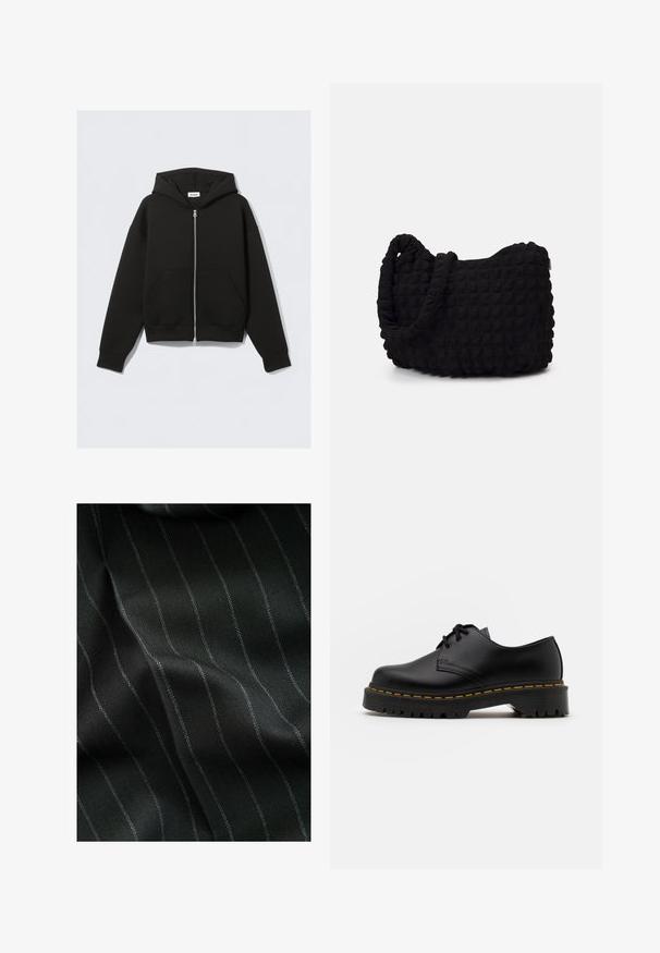 Juodas užtrauktukas hoodis, pagamintas iš minkštos medžiagos. Turi gobtuvą, priekinės kišenes ir guminį rankogalių bei apačios apvadą. Lygus paviršius be raštų.; Penki juodi apvalaus kaklo marškiniai. Trumpomis rankovėmis, pagaminti iš medvilnės, standartinio kirpimo. Lygus paviršius be matomų raštų ar puošmenų.; Juodas audinys su žvynelių raštu ir plonomis baltomis juostelėmis. Tekstūra atrodo lygi, su subtiliu gylio efektu iš audimo.; Juoda odinė lakuota avalynė su apvaliu pirštu, tekstūruota gumine padu ir geltona siūlelių apdaila aplink bazę. Lygus dizainas ir glotnus paviršius.; Juodas audinio maišelis su tekstūruota, siuvinėta raštu. Apvalios formos, trumpi, stori rankenėlės ir minkšta, lanksti struktūra.