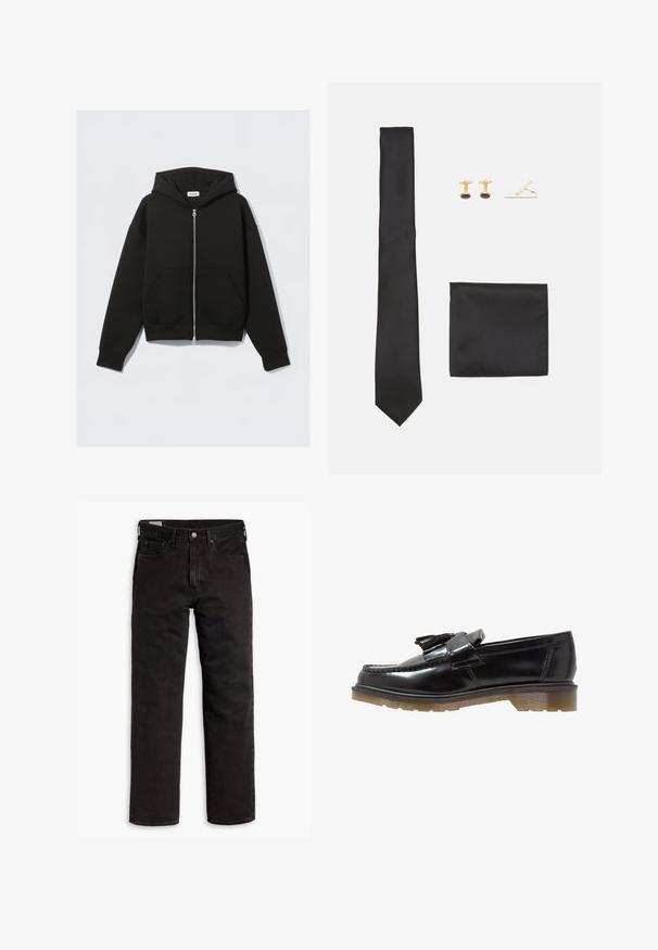 Sort zip-up hættetrøje lavet af blødt stof. Har en hætte, lommer foran og ribbede manchetter og kant. Glat tekstur uden mønstre.; Ung mand med krøllet lysebrunt hår iført sort kortærmet t-shirt og grå bukser, ser mod venstre med hænderne i lommerne.; Sorte lige bukser i denim med fem lommer, knaplukning og bæltestropper, lagt fladt ud på en hvid baggrund.; Sorte patenterede læderslippers med et fletdesign, frynsedetalje og en kraftig, struktureret gummisål. Sidevinkel viser den slanke silhuet.; Sort silke slips, sort silke lommetørklæde og guldtonede manchetknapper med cirkulære sorte accenter, arrangeret på en hvid baggrund.; Hvid perlekæde med ensartet rund form, glat overflade og metalspænde med forlængerkæde for justerbar længde.