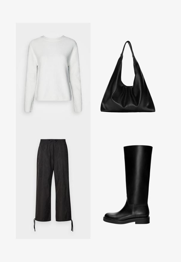 Fehér kötött pulóver, amely kerek nyakkivágással, hosszú ujjakkal, texturált ribbelt mintázattal és laza szabással rendelkezik.; Két hosszú ujjú garbó felső, az egyik fehér, a másik fekete, sima, rugalmas anyagból készült, mindkettő karcsú szabású és magas nyakú.; Fekete, bő szárú nadrág rugalmas derékkal és állítható húzózsinórokkal a bokán. Simogatós anyag, enyhe fényes hatással.; Fekete bőrből készült, térd fölé érő csizma sima textúrával, lekerekített orral, visszafogott dizájnnal és alacsony, blokkal. Nincs látható fémalkatrész vagy minta.; Fekete bőr hobo táska, amely lágy, ívelt formájú. Széles felső fogantyúval rendelkezik, és az alján gyűrődésekkel bír, ami laza textúrát ad neki.